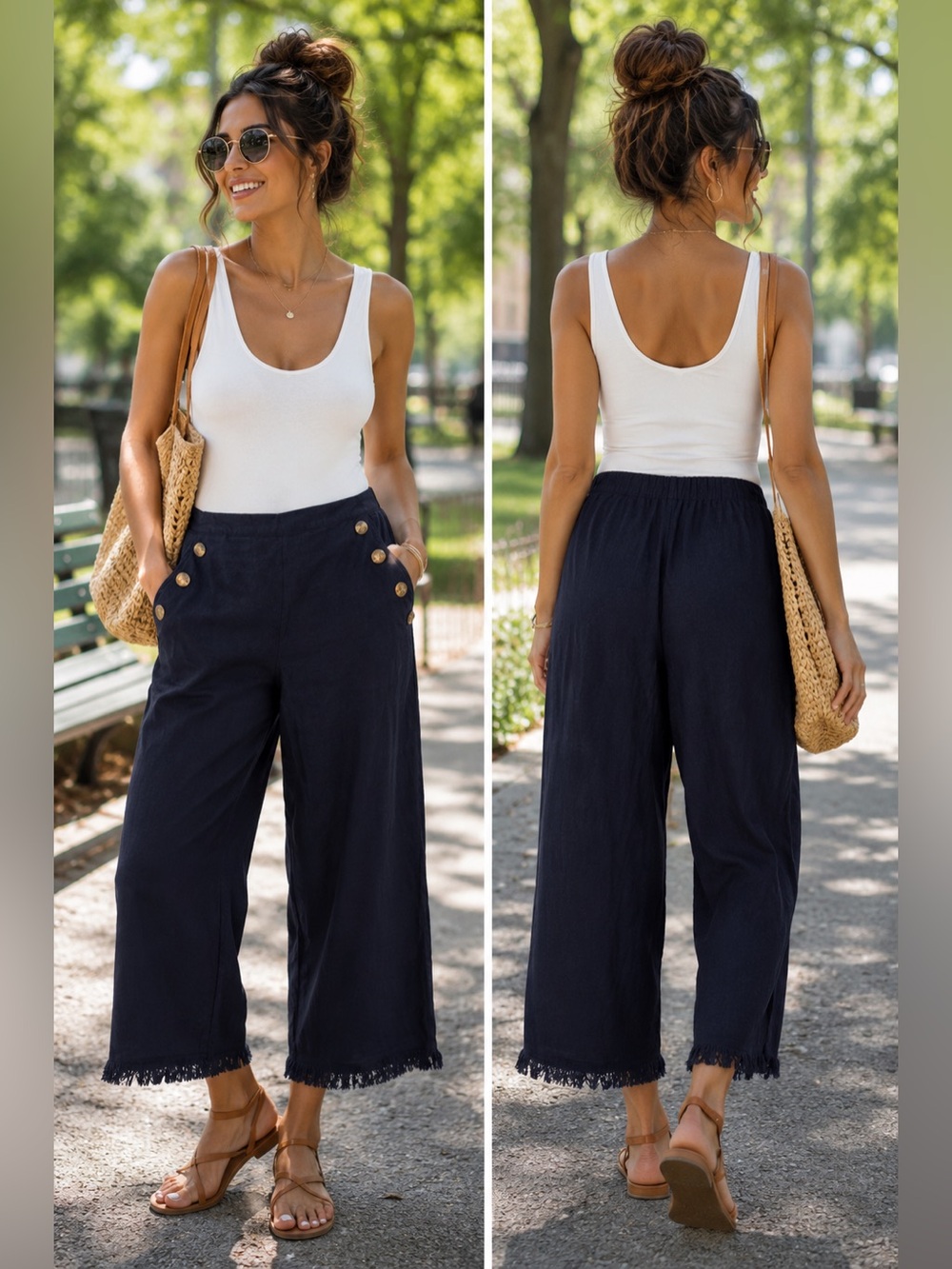 Prosecco Petite Navy Side-Button Linen Pants